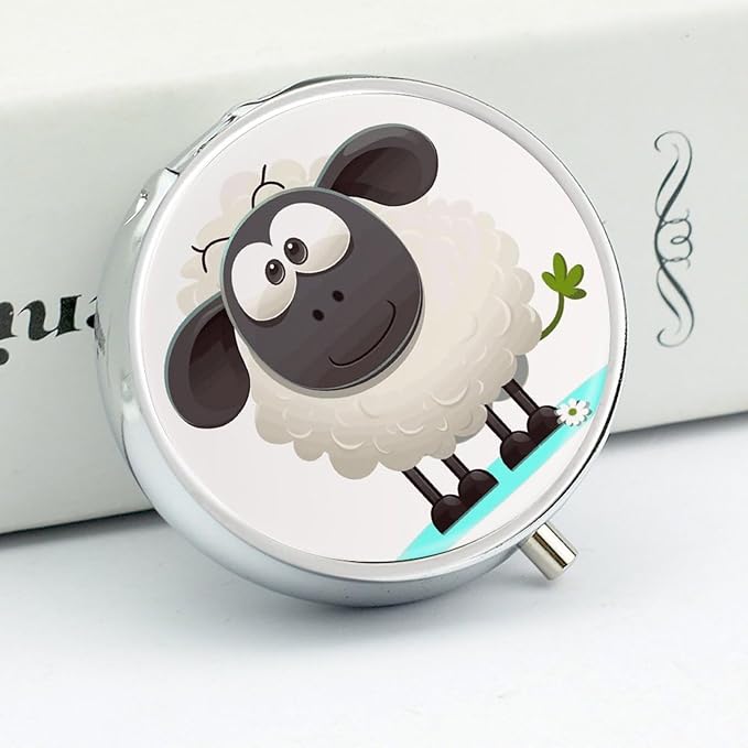 Sheep Pill Box Travel Pill Case for Purse Pocket Weekly Medicine Organizer with Mirror 3 Compartment Round Medicine Case Portable PillcaseHolder for Daily