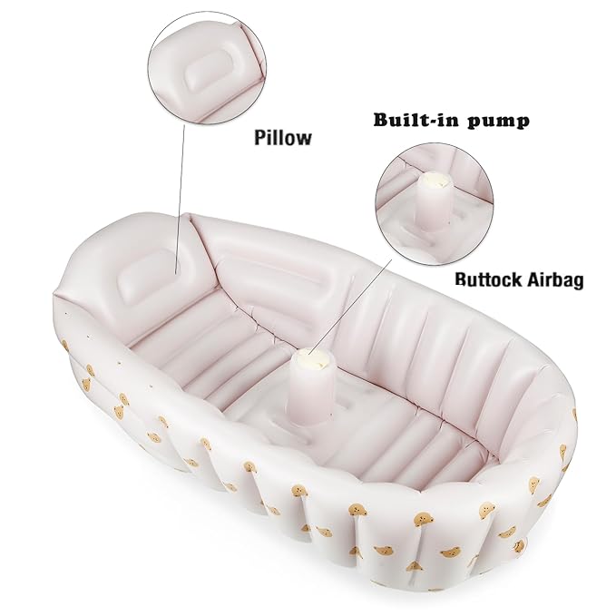 PandaEar Inflatable Baby Bathtub with Integrated Built-in Air Pump - No External Pump Needed, Non-Slip Portable Toddler Bath Tub, Travel-Friendly Foldable Infant Tub for Newborns to 24 Months（Bears）