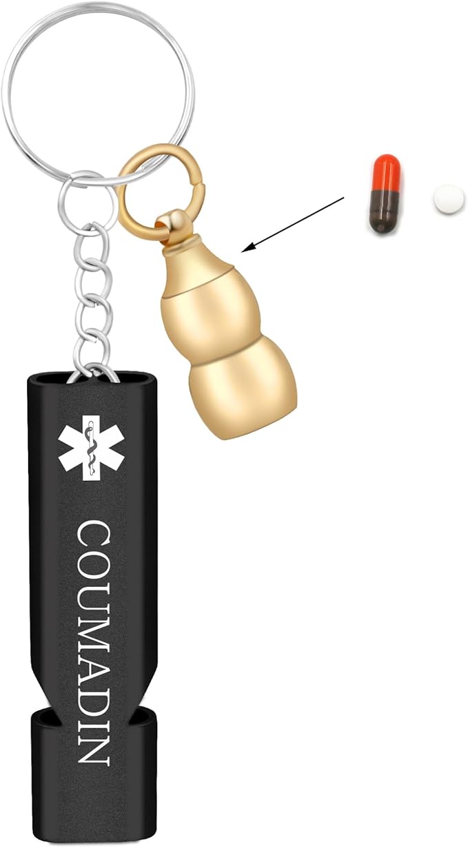 COUMADIN Medical Alert Brass Gourd Pill Storage Case Keychain with Black Emergency Whistle – Waterproof and Durable Pill Storage Container for Sports, Travel, and Everyday Use