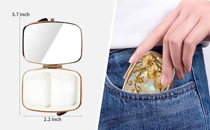 Dynippy Pill Case Pill Box with Mirror Retro Pocket 2 Compartment Medicine Case Vitamin Pill Organizer for Pocket Purse and Travel (Gold- Enamel Copper Flowers)