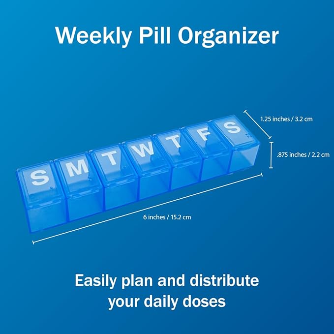 Amazon Basic Care Weekly Pill Organizer, 7-Day, Medium Compartments, Medicine Box, Blue (Pack of 2)