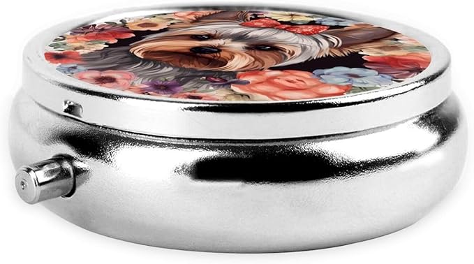 Pill Box 3 Compartment Medicine Pill Organizer Yorkie Floral Round Pill Case for Purse & Pocket Travel Pillbox Portable Metal Medicine Vitamin Fish Oil Organizer Unique Gift