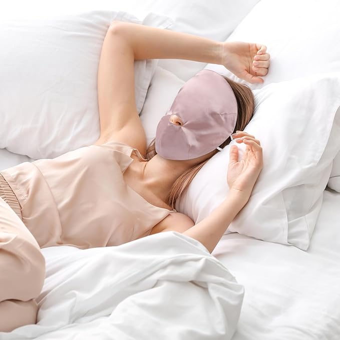 100% Silk Full Face Sleep Mask Double-Layer Silk Fabric Skin Care Lightweight 19 Momme Sun-Proof Sleeping Masks with Ear Hanging Elastic Strap for Women Men (Pink)