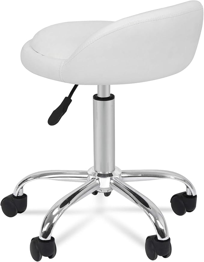 HomGarden Height Adjustable Rolling Swivel Salon Stool, PU Leather Hydraulic Ergonomic Chair with Backrest Wheels for Office Work Tattoo Massage Facial Spa Manicure Dentist Clinic, White