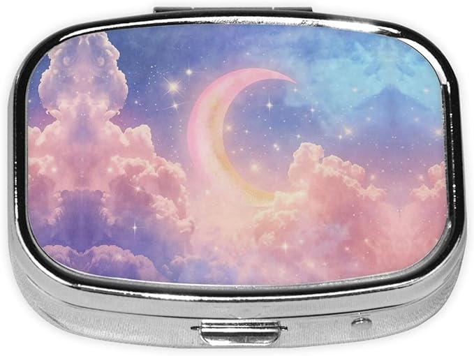 Dreamy Moon and Stars in Cloud Pill Box with Mirror 2 Compartments Square Pill Organizer for Pocket