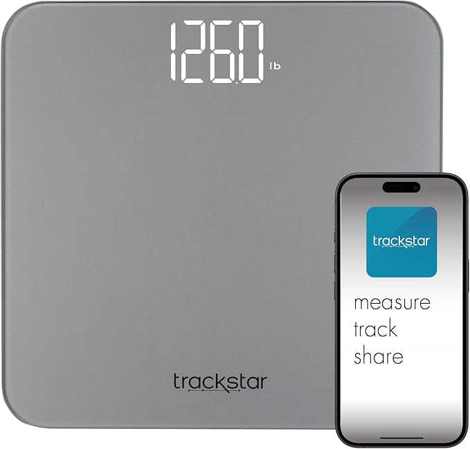 Trackstar Silver Digital Weight Scale | 440 lb Weight Capacity | Trackstar Monitoring App | Bluetooth iOS & Android Compatible | Measure, Track, and Share Results