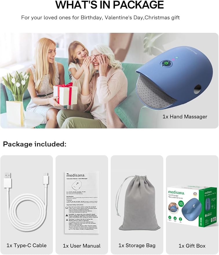 Medisana Hand Massager with Heat and Compression, Knuckle Stretching Massage, Memory Function, Cordless Hand Massager for Arthritis and Carpal Tunnel Relief, Mother’s Day Gift for Mom Women