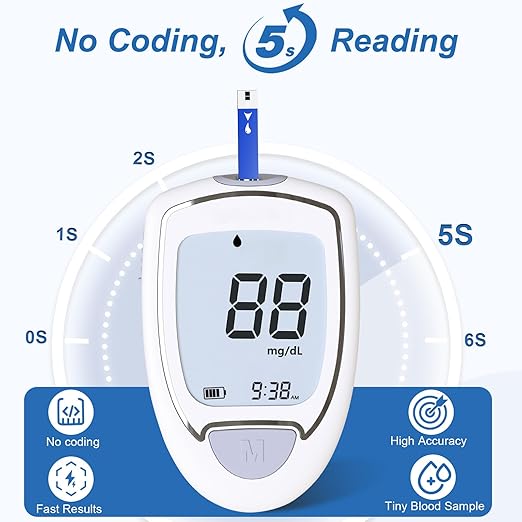 Blood Glucose Monitor, Glucometer Kit with 100 Strips and Lancets, Diabetic Testing Kit with Auto Eject, No Coding, Large Display for Seniors, Blood Sugar Testing Kit for Travel & Home Use