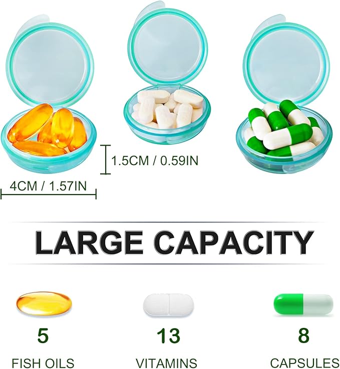 3PCS Small Pocket Daily Pill Box Organizer - Portable Travel Wallet with Individual Compartments - Compact, Convenient and Easy-to-Use Mini Pill Container for On-The-Go Medication Management (Green)