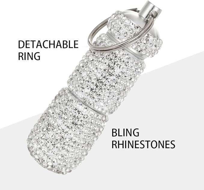 Bling Pill Case Portable Travel Pill Container Bottle Rhinestone Waterproof Small Pill Holder with Keychain Cute Mini Pill Storage Box (White)