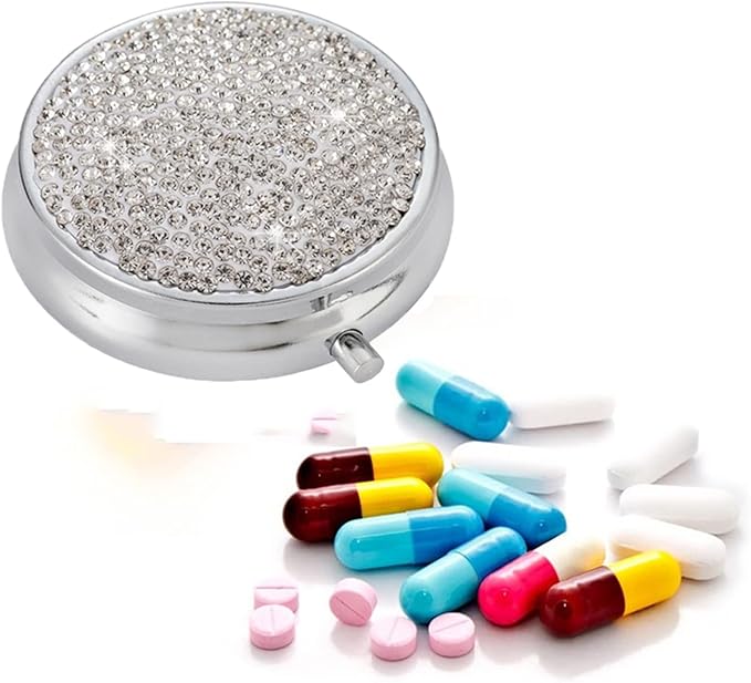 Bling Pill Box, 3 Compartment Medicine Pill Case Holder, Bling Crystal Rhinestones Waterproof Pocket Pill Case ound Medicine Organizer for Vitamin/Fish Oils/Supplement. (Silver)