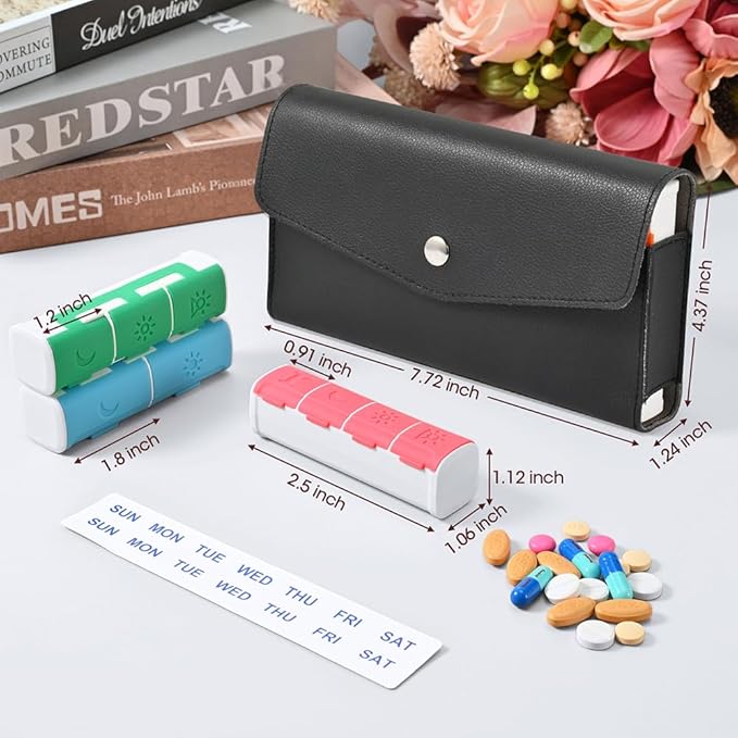Weekly Pill Organizer, 7-Day Medicine Box, 2-3-4 Times Daily, Black Leather Travel Case (2 Compartment)