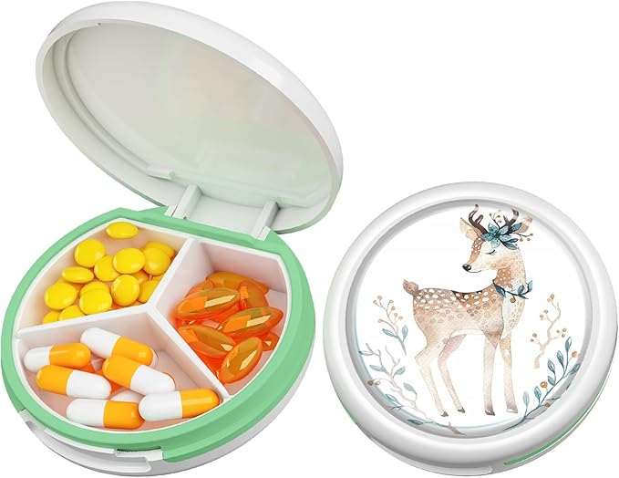 Serfeymi Small Pill Case for Purse, Unique Artistic Patterns Travel Pill Box with 4 Compartments, Portable Mini Pill Organizer for Pocket, Decorative Pill Container for Purse - White(Deer)