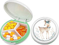 Serfeymi Small Pill Case for Purse, Unique Artistic Patterns Travel Pill Box with 4 Compartments, Portable Mini Pill Organizer for Pocket, Decorative Pill Container for Purse - White(Deer)