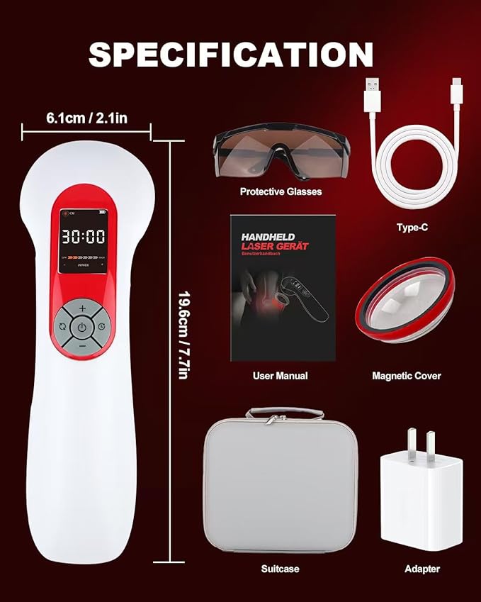Handheld Red Light Therapy Device with Magnetic Cover, LLLT Low Level ColdLaser Therapy Device for Dogs/Human, with 5 * 808nm & 10 * 650nm，5000mAh Large Capacity Rechargeable