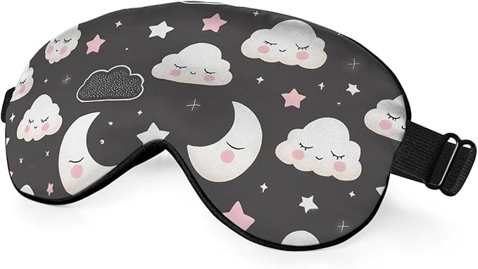 Grey Night Sleep Eye Mask Eye Cover Cute Cartoon Clouds Moons White Pink Silk Eye Mask for Sleeping with Adjustable Strap for Travel Nap Shift Work Office