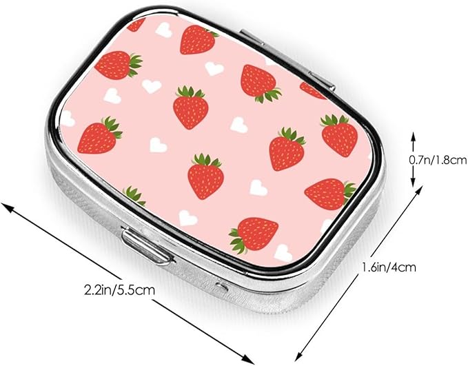 Kawaii Strawberry Pill Box with Mirror 2 Compartment Metal Square Small Pill Case for Purse or Pocket Portable Pill Container Holder Travel Medicine Organizer for Vitamin Fish Oil Supplement