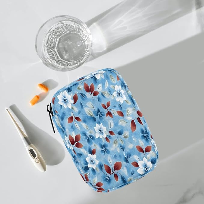 Flowers Leaves Blue Pill Case Everyday Travel, 7 Day Weekly Medicine Pill Box Compact Portable Pills Bottle Organizer with Zipper for Daily Vitamin Medicine Holder Bottle Organizers Bag