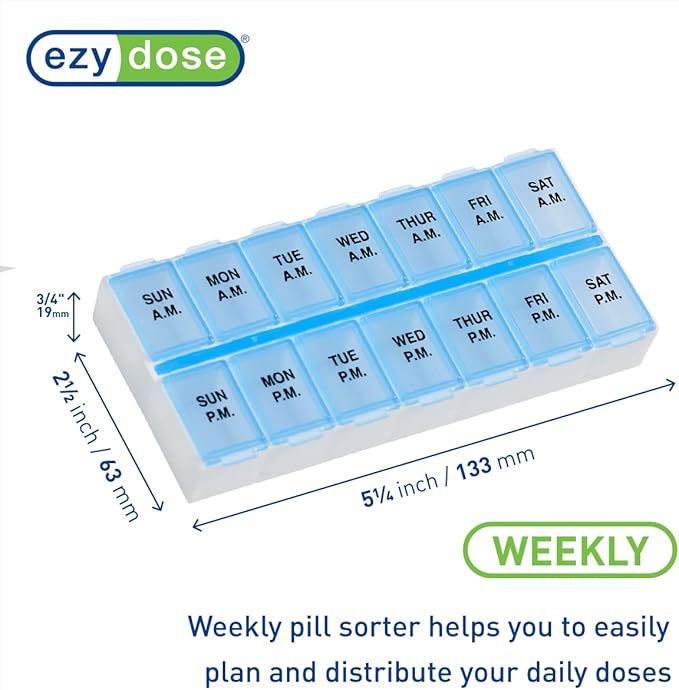 Ezy Dose Weekly (7-Day) AM/PM Pill Organizer, Vitamin Case, and Medicine Box, Medium Compartments, 2 Times a Day, Blue (Pack of 2)