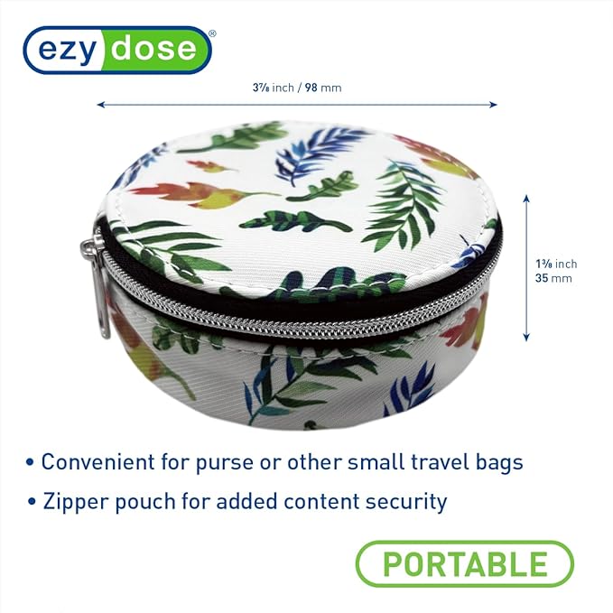 EZY DOSE Travel Pill Organizer with Built-in Mirror, Features Zippered Leaf Case, Compact and Portable Medication Case for Daily Vitamins, Pills, and Medicine, Ideal for Travel and On-The-Go Use