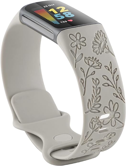 Flower Engraved Bands Compatible with Fitbit Charge 5 Band/Charge 6 Bands Women Cute Floral Engraving Soft Silicone Sport Strap Replacement Wristband for Fitbit Charge 5/6 Tracker Accessories