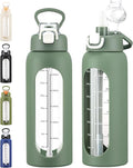 32 oz Glass Water Bolttles with Straw Large Motivational Water Bottle with Time Marker Sports Water Bottles with Silicone Sleeve and Handle Lid Water Jug for Gym Workout