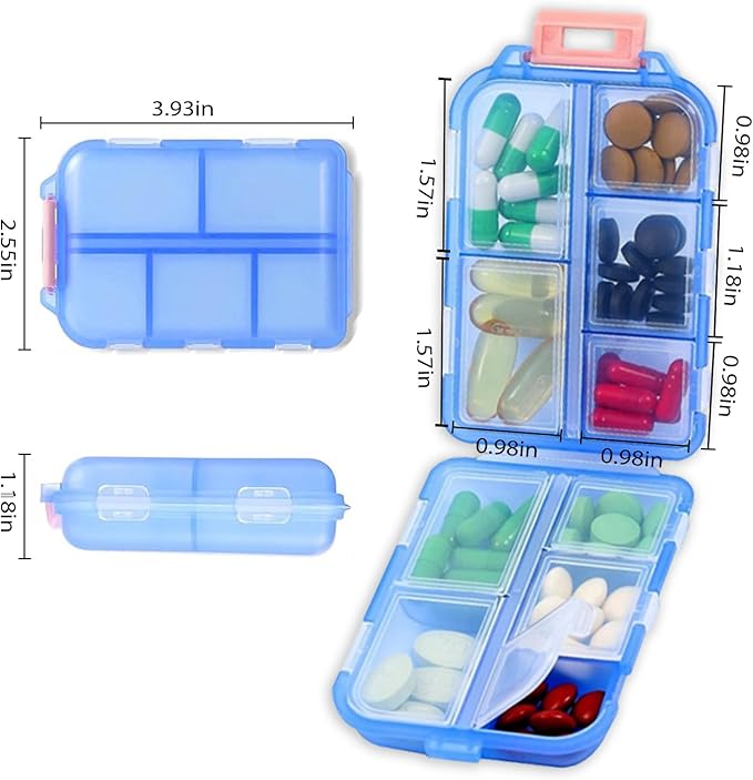 4PCS 7-Day Pill Organizer with Labels – Compact Daily Medication Case | Travel-Sized (3.7" x 2.4") Secure Lock | AM/PM Compartments | Includes 300+ Common Medicines Vitamins Health Product Sticker