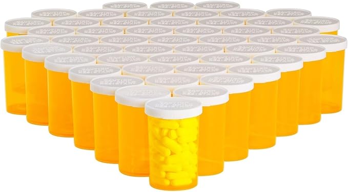 Juvale Empty Pill Bottles with Caps - Easy-Open Plastic Vials with Caps - Compact Travel Pill Bottles - 20 Dram, Orange, Pack of 50