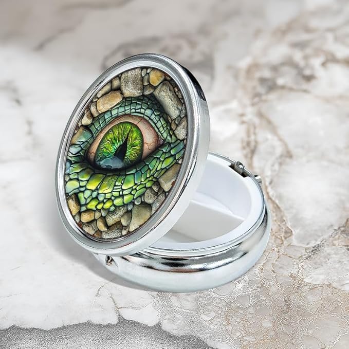 Portable Round 3 Compartment Metal Pill Box Eye of The Jade Dragon Print for Home Office Travel Medication Organization