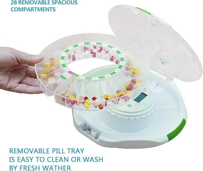 EziMedPil Automatic Pill Dispenser w/Sound & Light & Alarm, up to 6 Alarms/Day, 9 Dosage Templates, Easy-Read Display, Locked 28-Day Frosted Lid Medication Dispenser for Protecting Pills Privacy