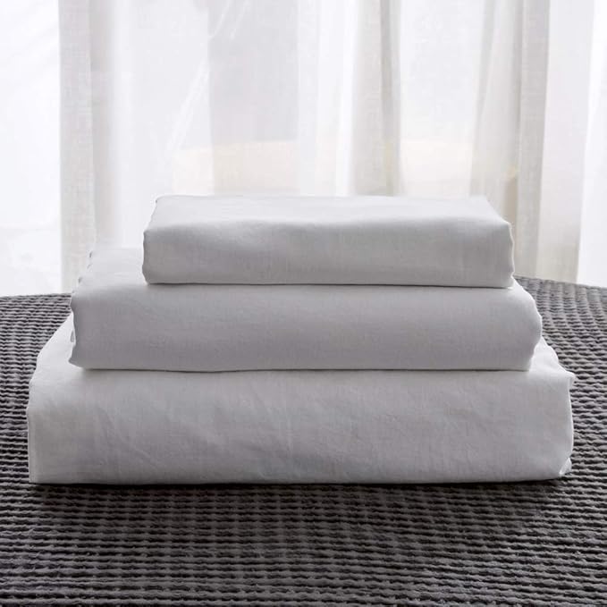 Simple&Opulence Belgian Linen Sheet Set Solid Color - 4 Pieces (1 Flat Sheet, 1 Fitted Sheet & 2 Pillowcases) Natural Flax Cotton Blend Soft Breathable Farmhouse Bedding - Queen Size, White