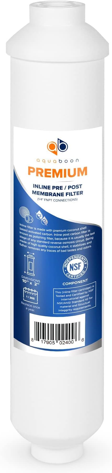 Aquaboon T33 Inline Carbon Filter - 1/4 Inline Water Filter for Refrigerator T33 Inline Ro Post/Granular Activated Carbon (GAC) Polishing Water Filter Cartridge for Reverse Osmosis System 4-Pack
