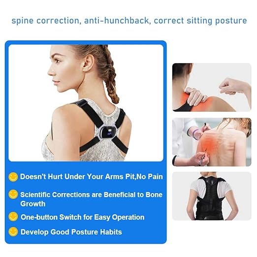 Smart Back Posture Corrector Shoulder Training Belt Intelligent LCD Display Screen Correction Humpback Vibration Massager Device (Color : Black)