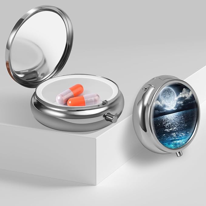 Mini Pill Box, Small Pill Box, Portable Pill Box, Cute Pill Organizer for Vitamins, Medications, Fish Oil and Supplements (Beautiful Starry Sky)