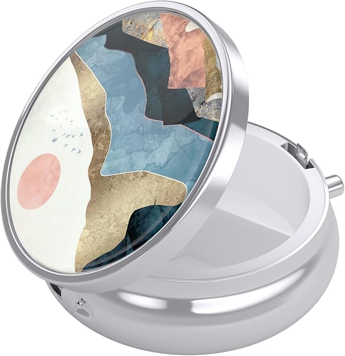 Nipichsha Pill Box, Small Pill Case for Purse & Pocket, Cute Travel Medicine Organizer, Portable Medicine Container Holder to Hold Vitamins, Medication, Fish Oil & Supplement, Watercolor Sunrise