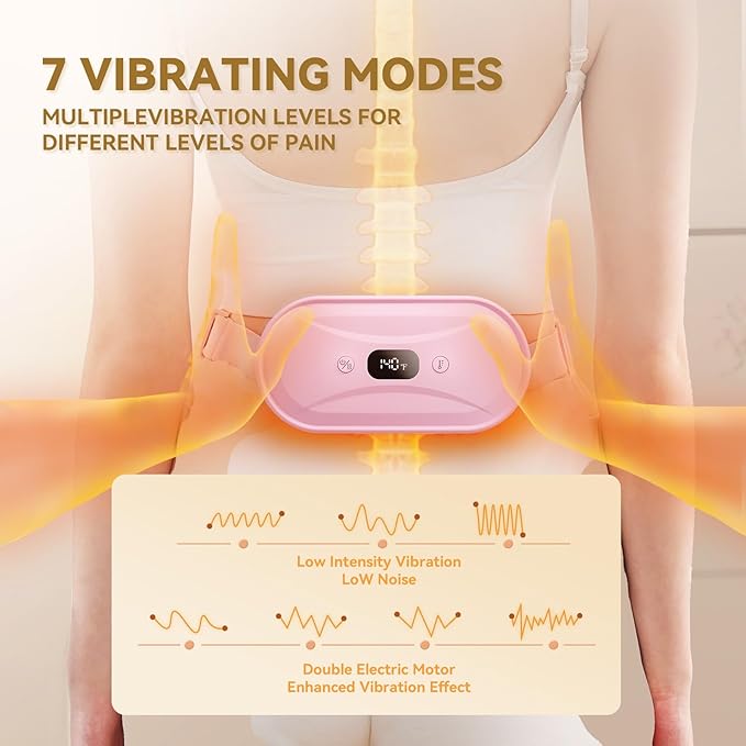 Portable Electric Heating Pad for Period Cramps, Menstrual Heating Pads with 7 Heat Levels and 7 Vibrating Modes for Women Stomach Pain Relief - Pink