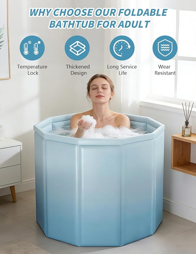 Portable Bathtub for Adults, Collapsible Freestanding Bathtub for Shower, Hot Ice Bath Tubs with Thickened Thermal Foam to Keep Temperature, PVC Outdoor Soaking Tub (Gradient Blue)