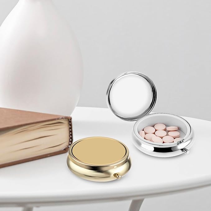 2Pcs Pill Box Small Pill Case for Purse or Pocket, Portable Cute Pill Container Metal Pill Box Decorative Medicine, Vitamin, Fish Oil and Supplements Holder Organizer (Silver&Gold)