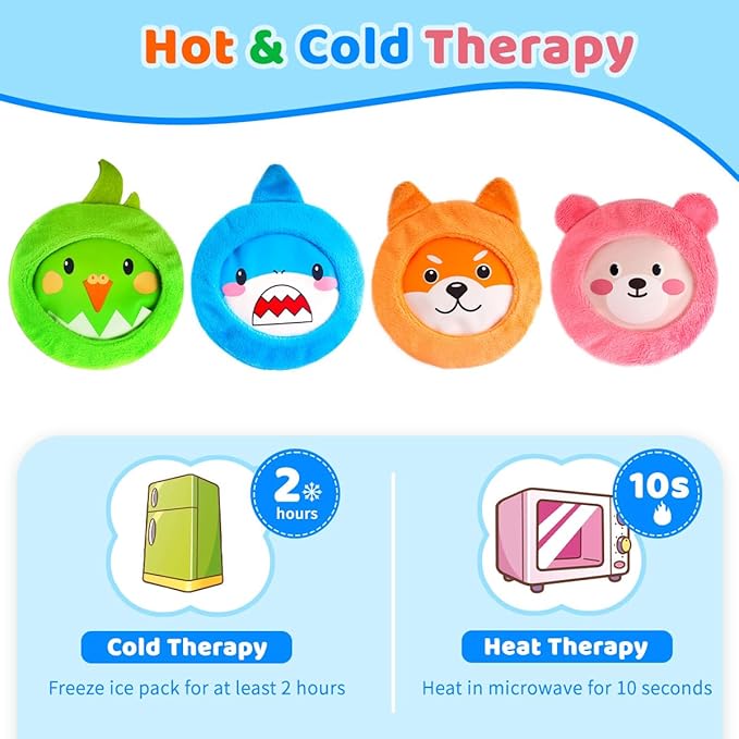 NEWGO Kids Ice Pack for Boo Boos, Reusable Gel Cold Packs with 4 Cute Plush Sleeves for Toddlers and Babie, 4 Hot & Cold Compress Packs for Pain Relief, Fever, Wisdom Teeth, First Aid, Bumps