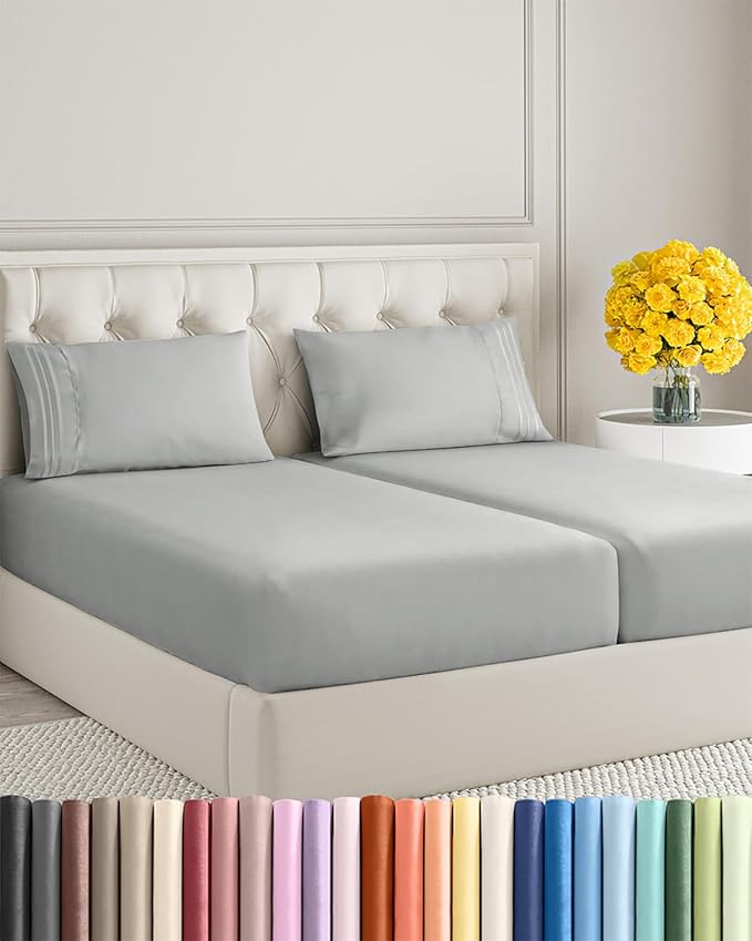 Split King Size 5 Piece Sheet Set - Extra Soft, Breathable, And Cooling Sheets - Hotel Luxury Bed Sheets for Women & Men - Deep Pockets, Easy-Fit & Wrinkle-Free - Light Slate Grey Oeko-Tex Bed Sheets