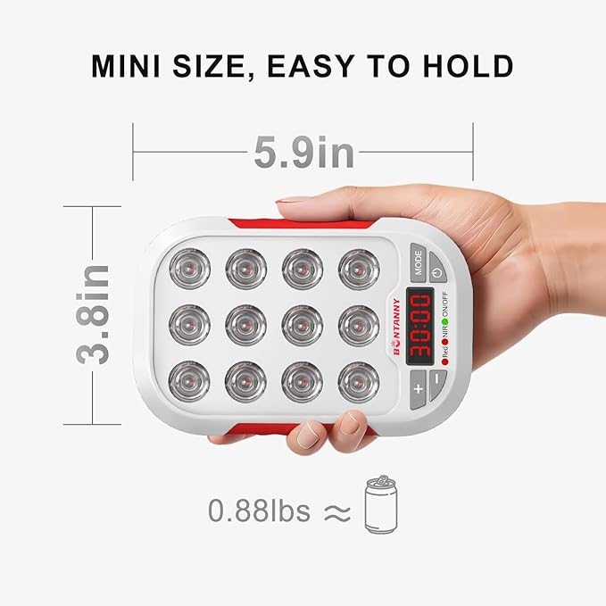 Portable Red Light Therapy, 630/660/810/830/850nm 5 Wavelengths Mini Handheld Red Near Infrared Light, 12 Triple Chip Clinical Grade LEDs, Rechargeable, Travel Case, Timer, for Body, BO-60
