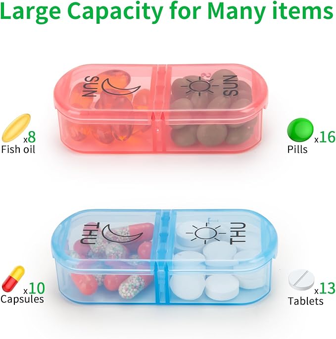 Weekly Pill Organizer 2 Times a Day, Am Pm Pill Box 7 Day, Travel Pill Case, Medicine Pill Organizer for Medication, Vitamins, Fish Oils, Supplements