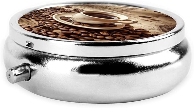 Retro Coffee Mug Beans Pill Box 3 Compartment Pill Case, Portable Medicine Pill Organizer for Pocket Purse Pill Box Decorative Metal Medicine Vitamin Organizer
