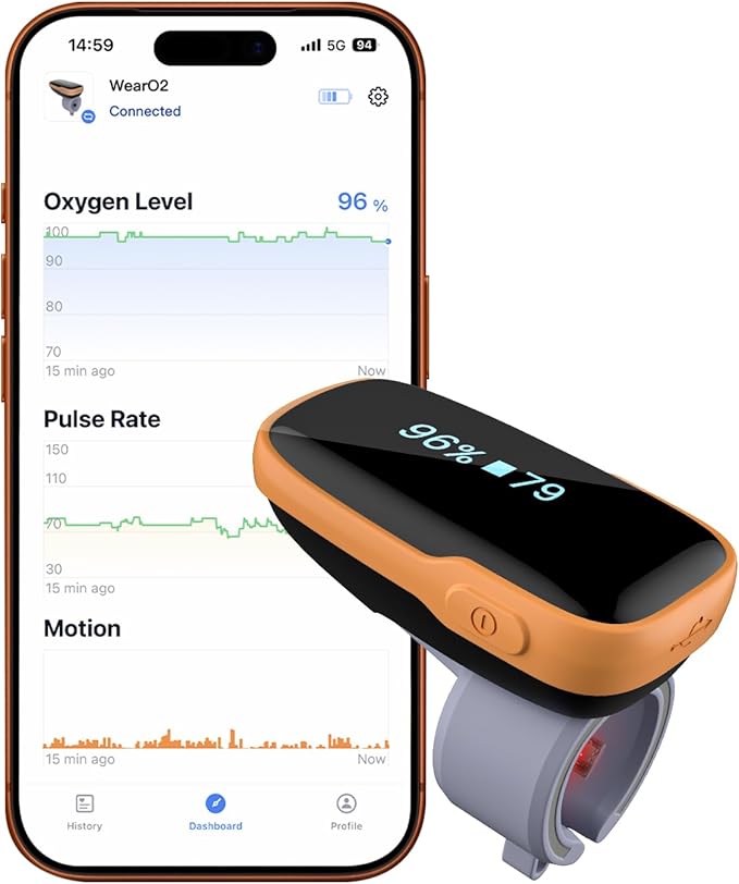 Vibeat WearO2 Blood Oxygen Monitor — Bluetooth Pulse Oximeter for Continuous O2 and Heart Rate Tracking Rechargeable, Wearable Finger Oxygen Meter with Notification & Free APP