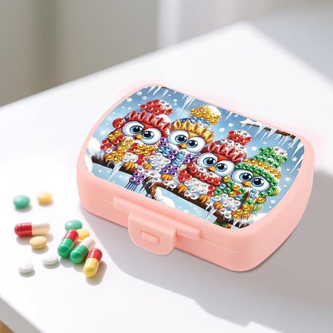 C'eitura 2pcs DIY Panda & Owl Diamond Art Painting Pink Pill Organizer with 6 Lid Detachable Compartments, Fun DIY Craft Project for Adults, Elegant Pill Case for Purse & Travel