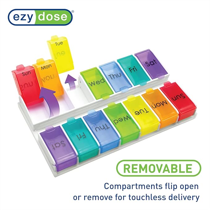 EZY DOSE Ezy Fill (14-Day) Pill Organizer, Weekly Removable Trays with Flip-Open Daily Compartments for Easy Refill, 2 Times a Day Medicine Planner, Vitamin Organizer Box, Rainbow, BPA Free