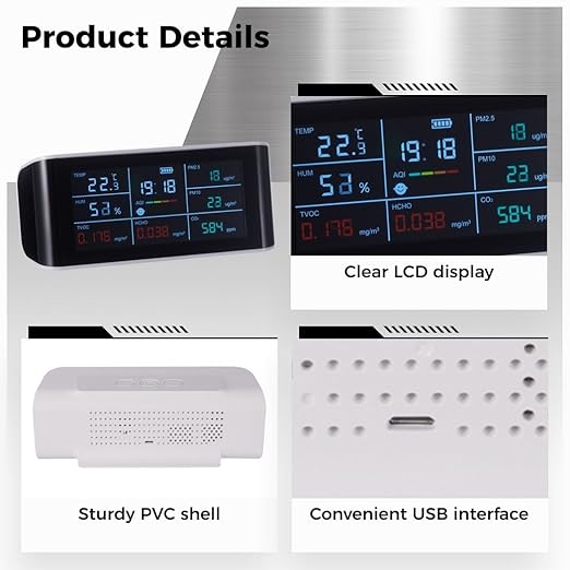 BOSREROY Portable 9-in-1 Air Quality Monitor, Indoor CO2, VOC, and Formaldehyde Detector with AQI, PM2.5 for Home Monitoring, Air Quality Tester with Clear Display