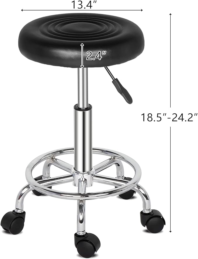 Round Rolling Bar Stool PU Leather with Wheels and Foot Rest, Height Adjustable Task Work Drafting Chair with Back for Salon Spa Tattoo Facial Medical Office Chairs (Black)