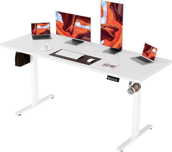 ERGOMAKER Electric Standing Desk, 63" x 23.6" Height Adjustable Sit Stand Desk with Splice Board for Home Office, Computer Desk Memory Preset (White Frame, White Desktop)