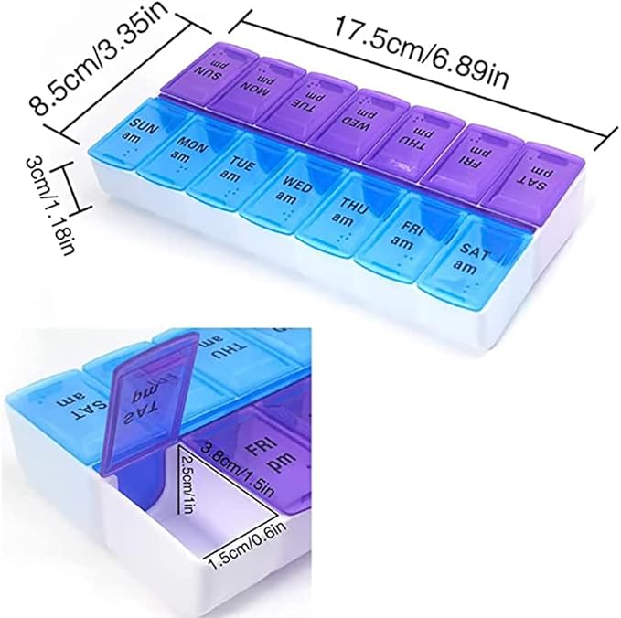 Weekly Pill Organizer 2 Times A Day 7 Day Pill Box Holder Large Daily Medicine Organizer Travel Pill Case Pill Container (2 Times Blue+Purple)